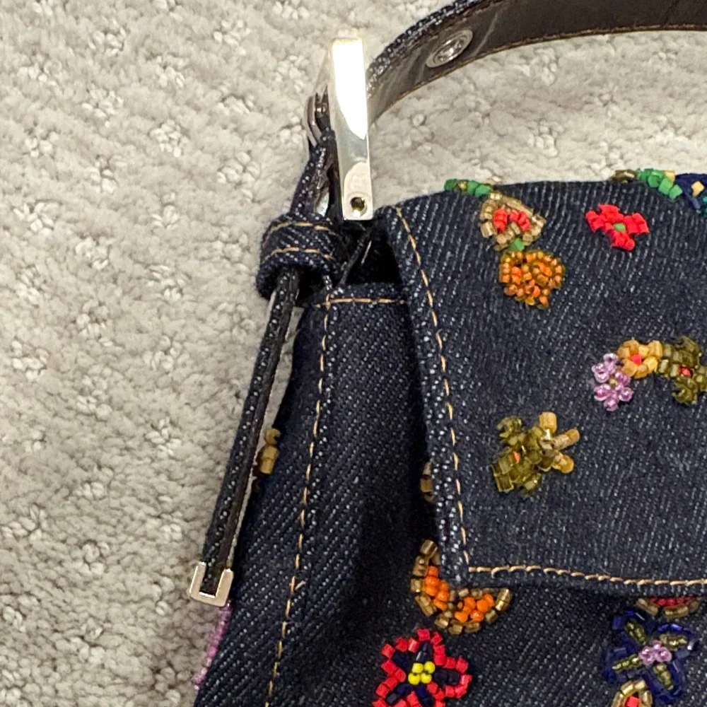 Vintage Fendi Denim Embroidered Floral Shoulder Bag with Silver Buckle - Picture 3 of 10